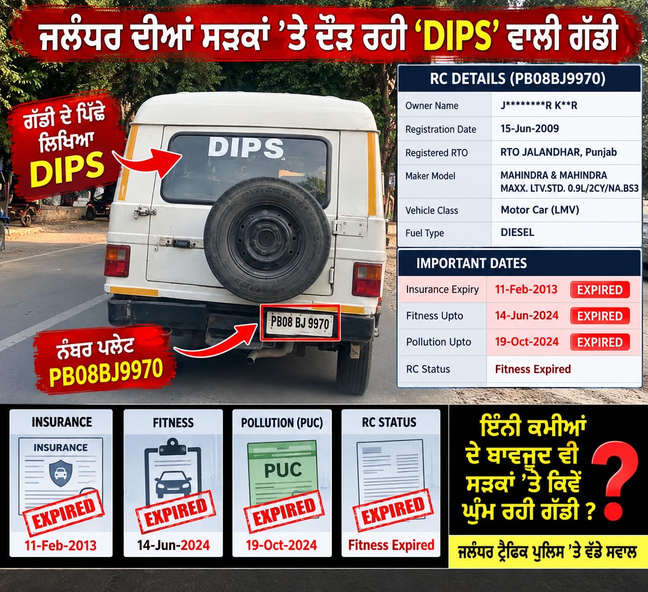 ਜਲੰਧਰ ਦੀਆਂ ਸੜਕਾਂ ’ਤੇ ‘DIPS’ ਲਿਖੀ ਗੱਡੀ, ਮਿਆਦ ਪੁੱਗੇ ਦਸਤਾਵੇਜ਼ਾਂ ਦੇ ਬਾਵਜੂਦ ਦੌੜ ਰਹੀ! ਟ੍ਰੈਫਿਕ ਪੁਲਿਸ ਦੀ ਕਾਰਗੁਜ਼ਾਰੀ ’ਤੇ ਸਵਾਲ